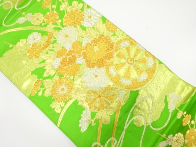 JAPANESE KIMONO / ANTIQUE FUKURO OBI / SILK / WOVEN FLORAL CART